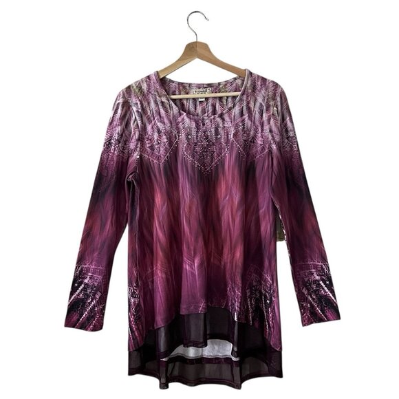 One World Tunic Top Size Medium Mesh Skirted Hem Brushed Knit Pink Purple Hi Low - Picture 1 of 8